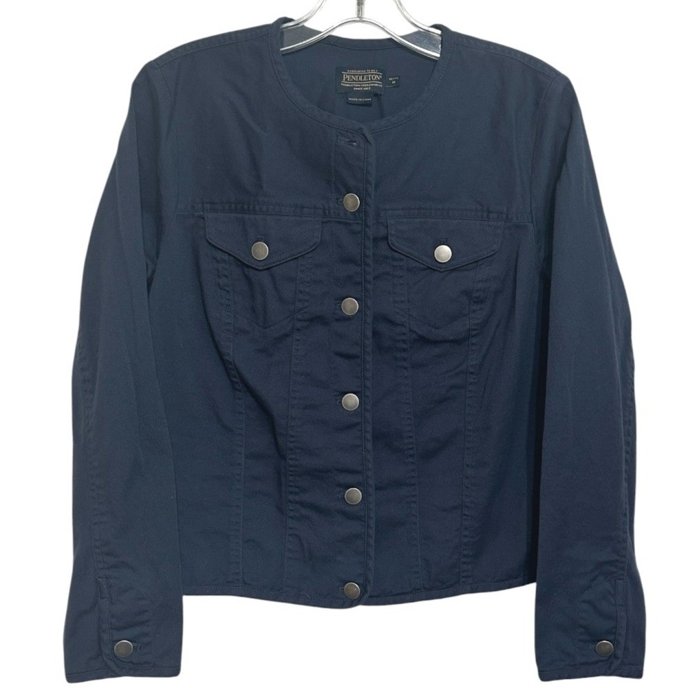 Pendleton Trucker Jacket Womens Navy Blue Collarless Cotton Twill Minimalist PM
